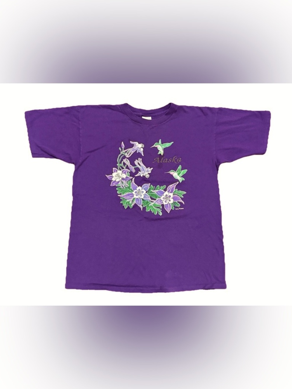 Vtg Prairie Mountain Shirt Purple Alaska Flower Hummingbird Graphic Size Large